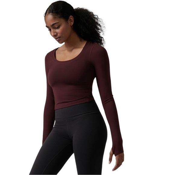 ATHLETA Shanti Long Sleeve Scoop Neck Crop Top in Antique Burgundy - Picture 1 of 10